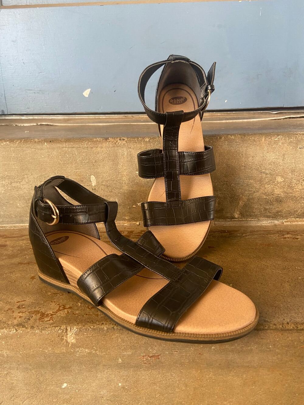 Dr Scholl’s Free Spirit black croco embossed gladiator style low wedge sandal